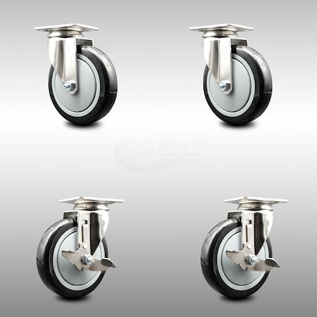 Service Caster 5 Inch 316SS Black Polyurethane Wheel Swivel Top Plate Caster Brakes SCC, 2PK SCC-SS31620S514-PPUB-BLK-2-TLB-2